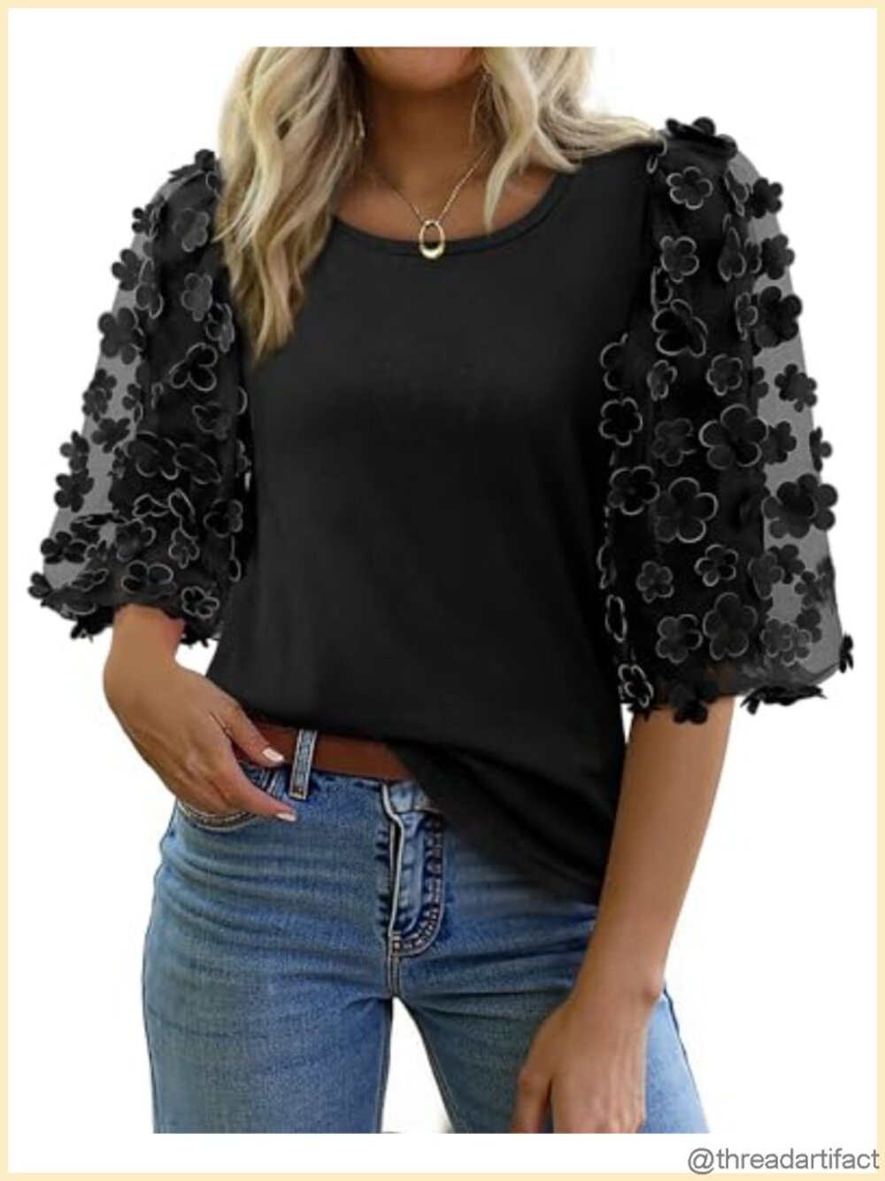Women's Cotton 3/4 Puff Sleeve Blouse Crew Neck Casual Top